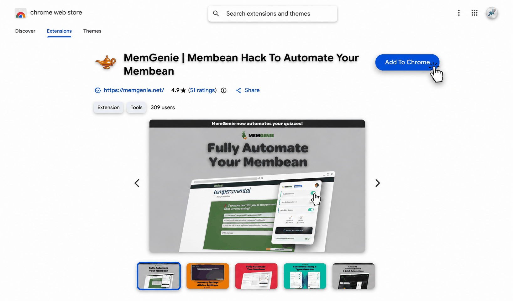 Installing the MemGenie extension that fills in Membean quiz answers